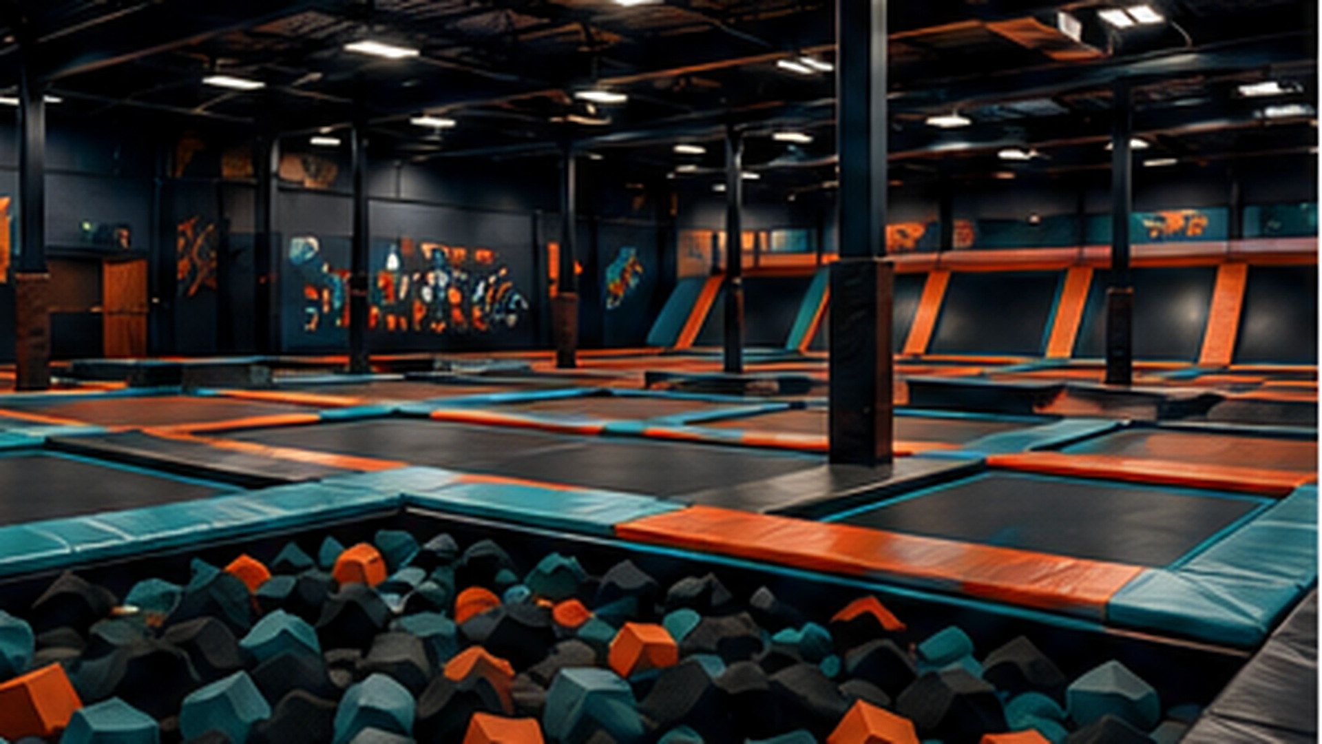 An indoor trampoline park with padded jumping areas